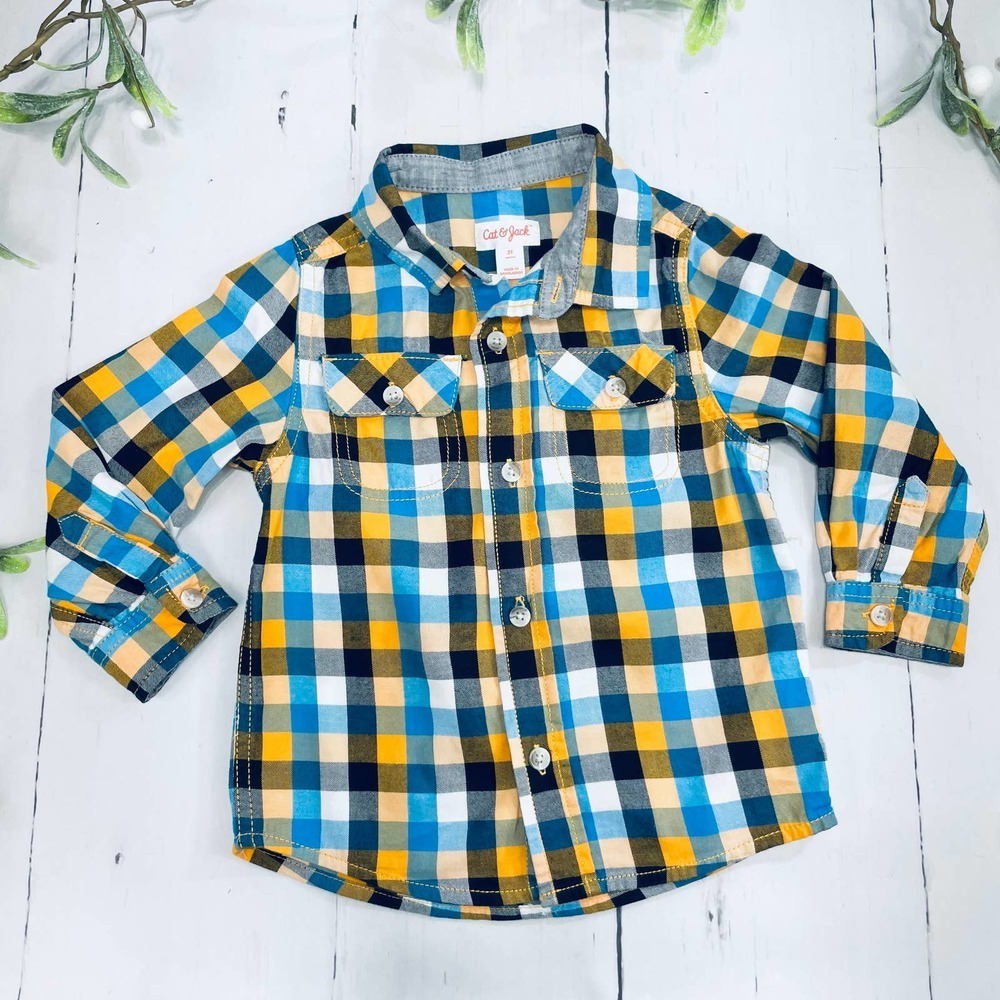 Boys Cat & Jack Orange and Blue Checkered Button Down Shirt (Sz 3T)